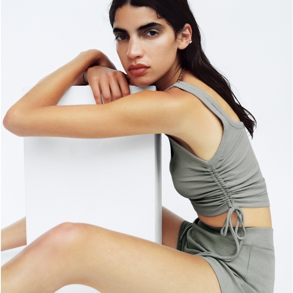 Zara Ribbed Side Tie Tank Top Ruched Green Large - Picture 3 of 7